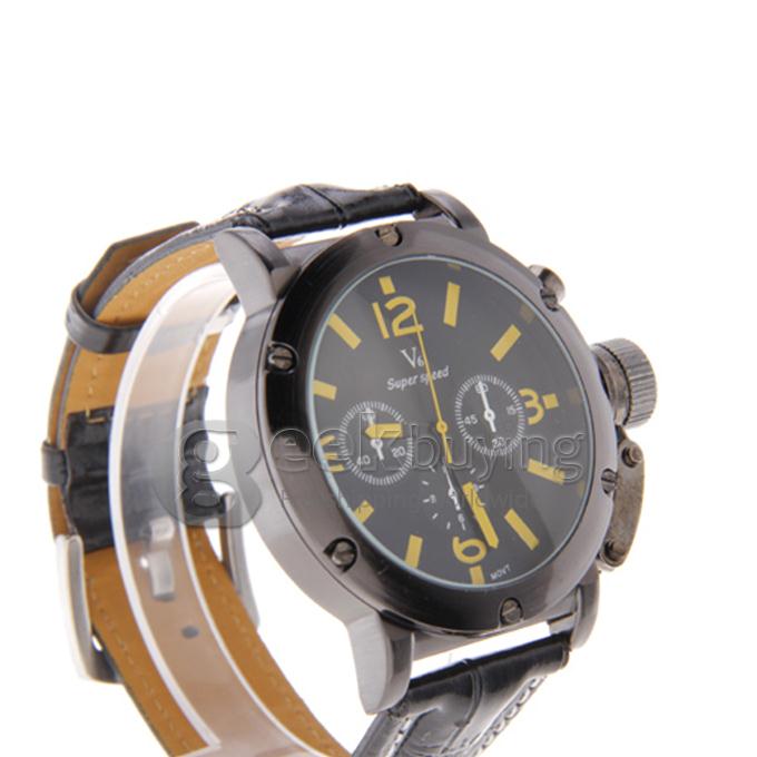 V6 Men's Analog Round dial Leather Band Wrist Watch - Yellow