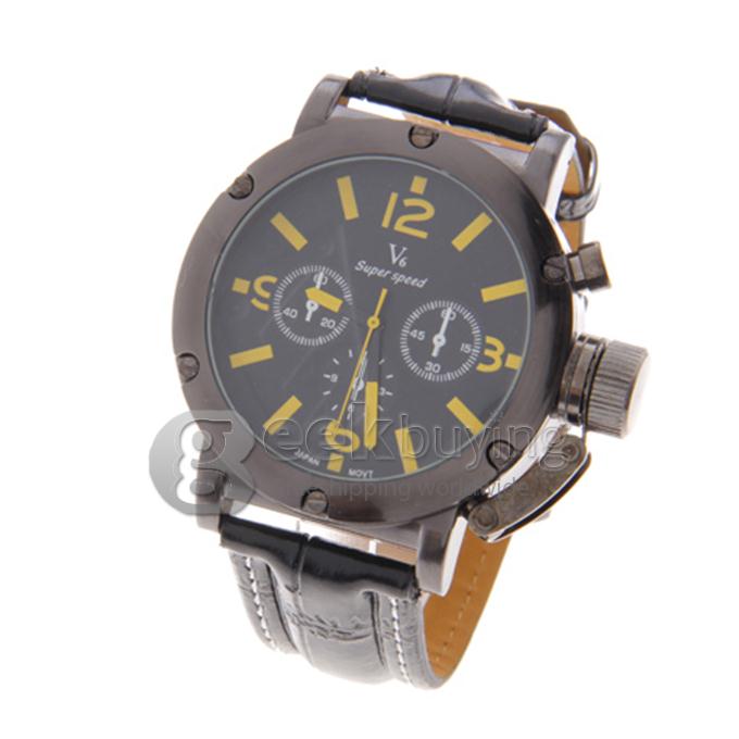 V6 Men's Analog Round dial Leather Band Wrist Watch - Yellow
