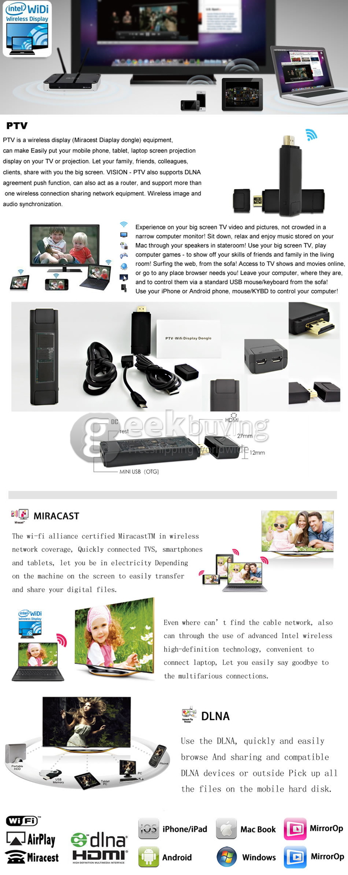 [US Stock] Full HD 1080P WiFi Display Dongle HDMI Wireless PTV Support DLNA / Miracast