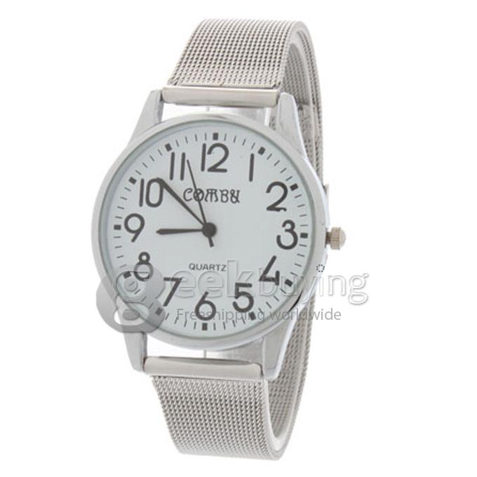 Unisex Steel Watchband Round Dial Quartz Wrist Watch - White
