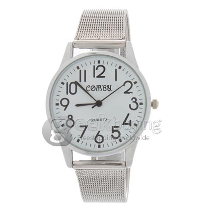 Unisex Steel Watchband Round Dial Quartz Wrist Watch - White