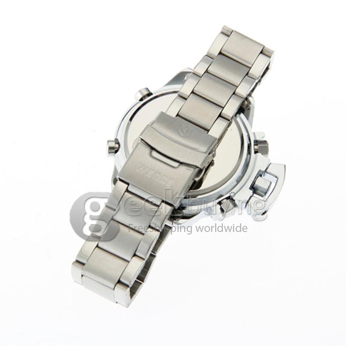 Fashion WeiDe WH-1008 Quartz LED Men's Wrist Watch with Steel Watchband - White