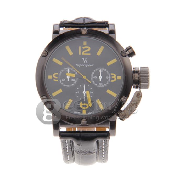 V6 Men's Analog Round dial Leather Band Wrist Watch - Yellow
