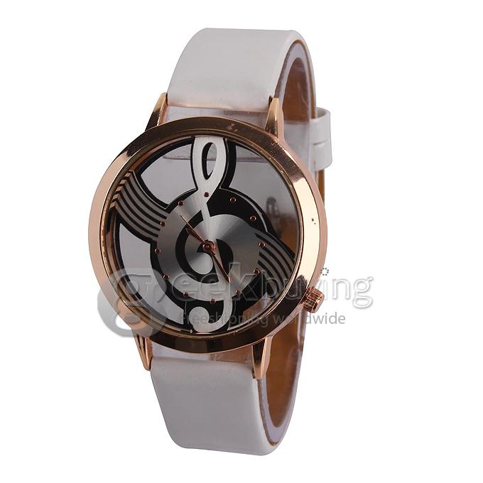 Elegante orologio da polso da donna con quadrante rotondo dorato con motivo  a note musicali - bianco