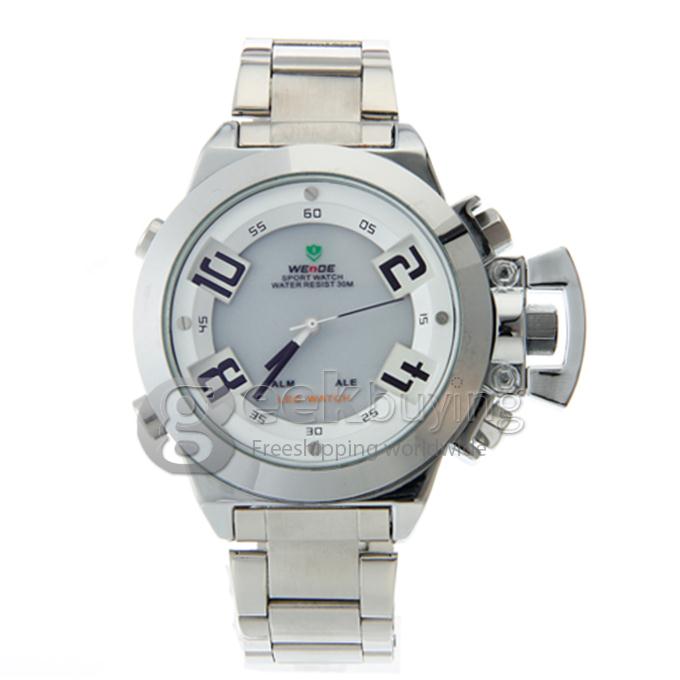 Fashion WeiDe WH-1008 Quartz LED Men's Wrist Watch with Steel Watchband - White