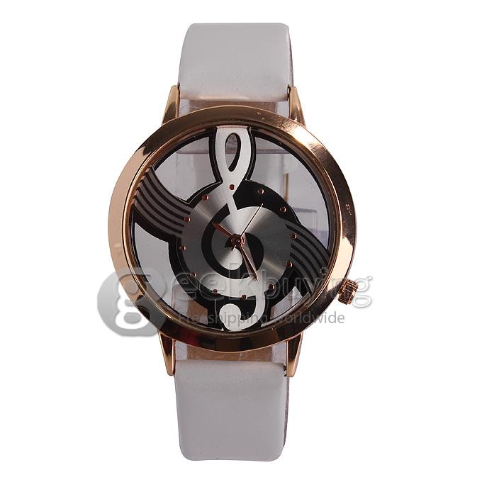 Elegante orologio da polso da donna con quadrante rotondo dorato con motivo  a note musicali - bianco