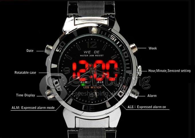 Fashion WeiDe WH-1008 Quartz LED Men's Wrist Watch with Steel Watchband - Blue