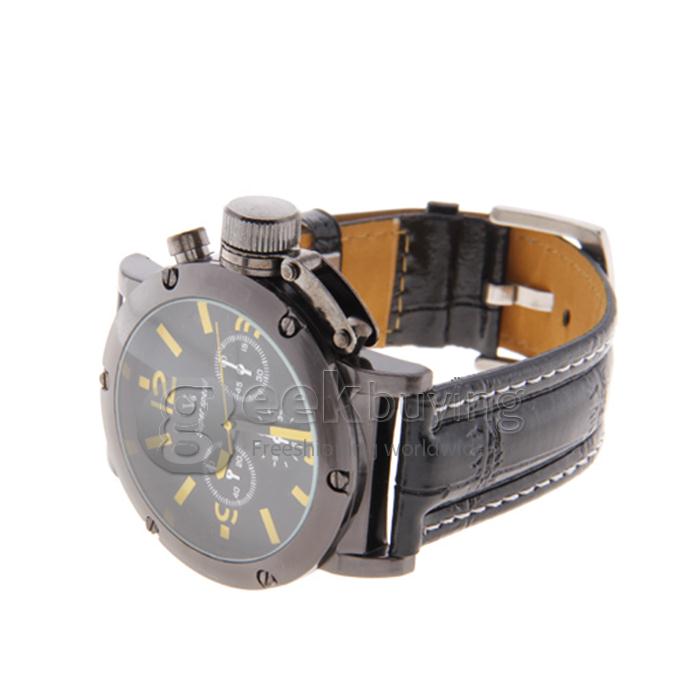 V6 Men's Analog Round dial Leather Band Wrist Watch - Yellow