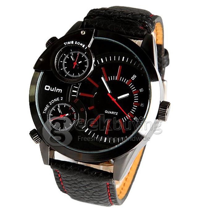Oulm 3136 Multi-Function Quartz Men's Wrist Watch with Three Movt Round Dial and Leather Band - Red