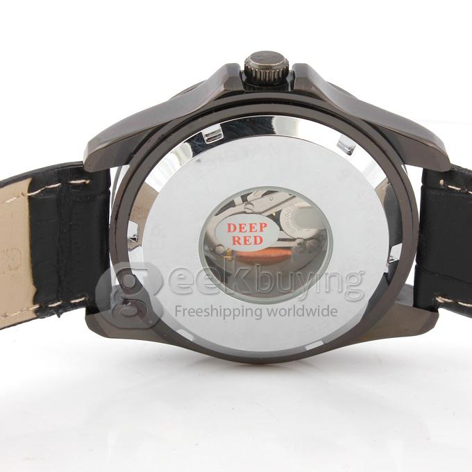 DEEP RED 2285 Hollow Black Case Round Dial Black Leather Band Unisex Quartz Wrist Watch - Black