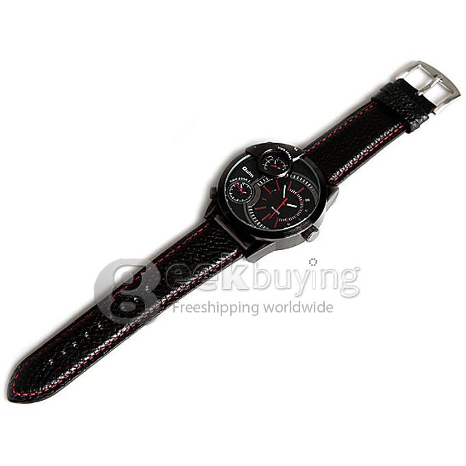 Oulm 3136 Multi-Function Quartz Men's Wrist Watch with Three Movt Round Dial and Leather Band - Red