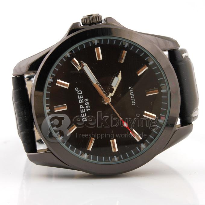 DEEP RED 2285 Hollow Black Case Round Dial Black Leather Band Unisex Quartz Wrist Watch - Black
