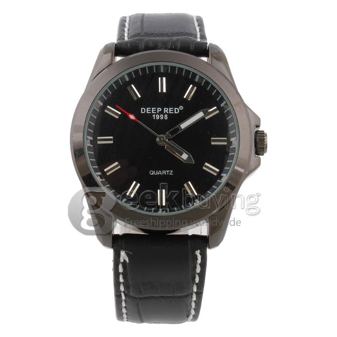 DEEP RED 2285 Hollow Black Case Round Dial Black Leather Band Unisex Quartz Wrist Watch - Black