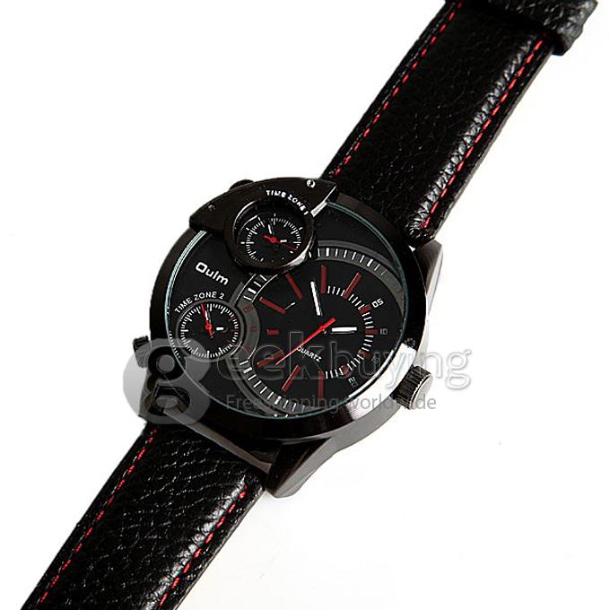 Oulm 3136 Multi-Function Quartz Men's Wrist Watch with Three Movt Round Dial and Leather Band - Red