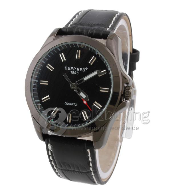 DEEP RED 2285 Hollow Black Case Round Dial Black Leather Band Unisex Quartz Wrist Watch - Black
