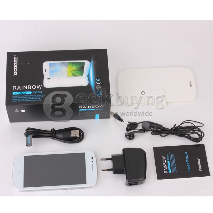 DOOGEE Rainbow DG210 4.5INCH IPS Srceen MT6572 Dual Core WCDMA 3G 5.0MP Camera 4GB GPS w/ Free Leather Case White