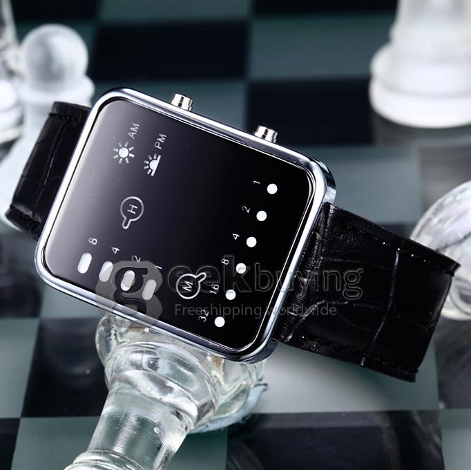 Unisex LED Binary System Display Wrist Watch with PU Leather Watchband - Black