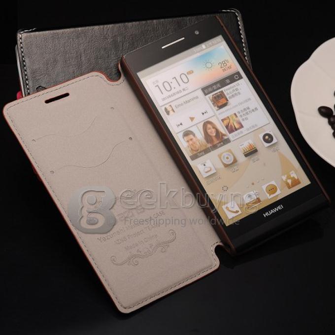 High Quality Flip Wallet Leather Case Cover for Huawei Ascend P6 - Brown
