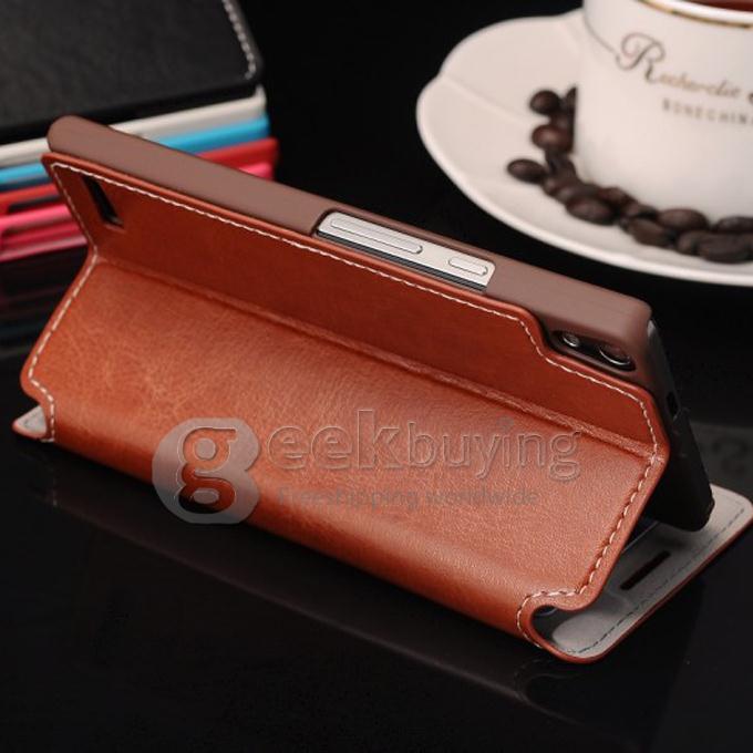 High Quality Flip Wallet Leather Case Cover for Huawei Ascend P6 - Brown