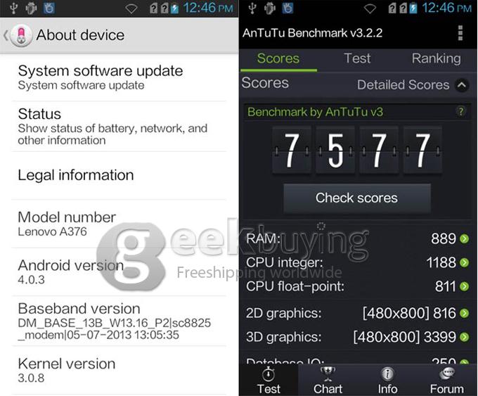 Lenovo A376 4.0Inch SC8825 Dual Core Smartphone WVGA Screen 512MB RAM 4GB ROM 3.2MP Android4.0  Wifi Bluetooth