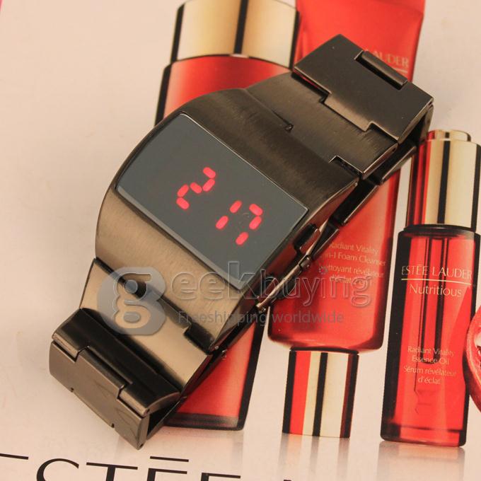 Unisex Stainless Steel Digital LED Wrist Watch Timepiece with Red Light - Black