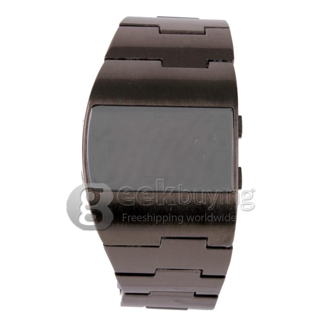 Unisex Stainless Steel Digital LED Wrist Watch Timepiece with Red Light - Black