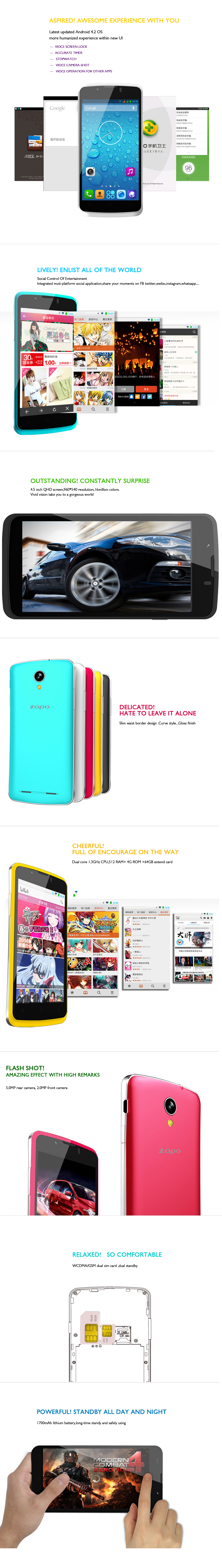 ZOPO ZP580 4.5Inch MTK6572 Dual core Cell Phone IPS QHD Screen 512B RAM 4GB ROM 5.0MP Android 4.2 OS 3G/GPS Black