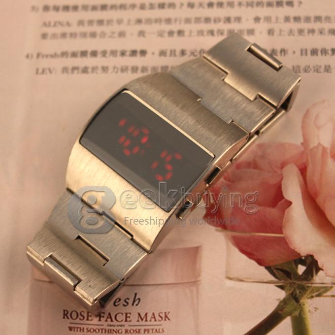 Unisex Stainless Steel Digital LED Wrist Watch Timepiece with Red Light - Silver