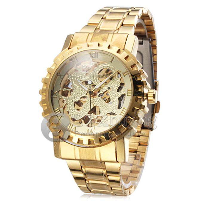 Makibes Men's Auto-Mechanical Hollow Dragon Dial Gold Alloy Band Wrist Watch