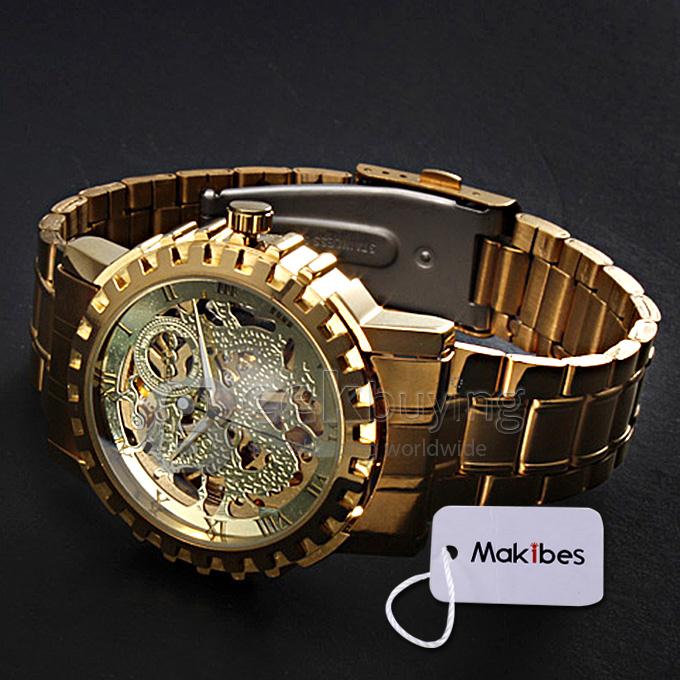 Makibes Men's Auto-Mechanical Hollow Dragon Dial Gold Alloy Band Wrist Watch