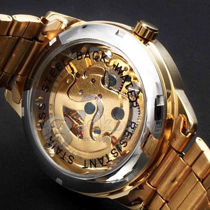 Makibes Men's Auto-Mechanical Hollow Engraving Gold Alloy Band Wrist Watch