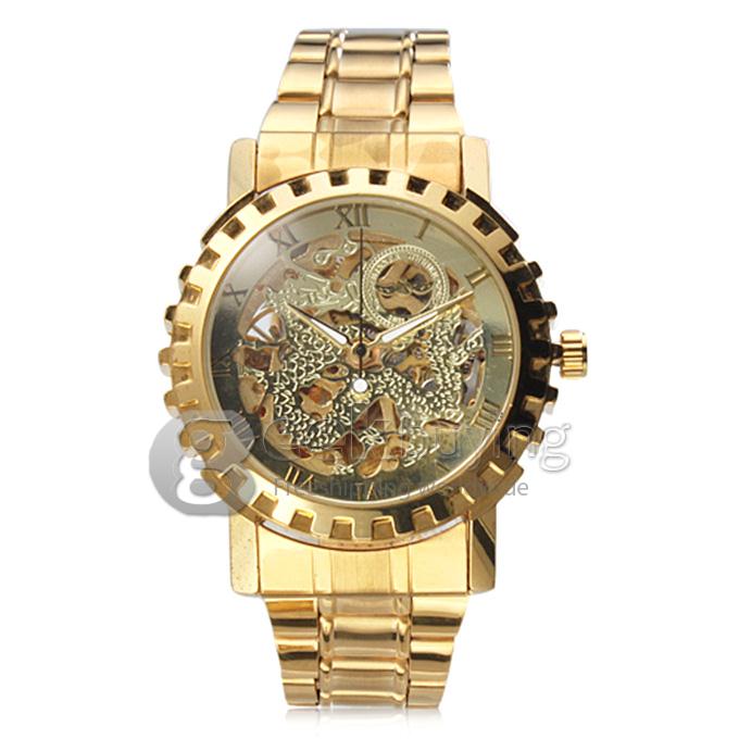 Makibes Men's Auto-Mechanical Hollow Dragon Dial Gold Alloy Band Wrist Watch