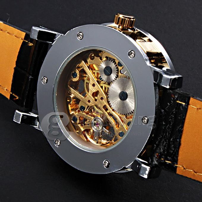 Makibes Men's Semi-Mechanical Hollow Engraving Gold Dial Black PU Band Analog Wrist Watch