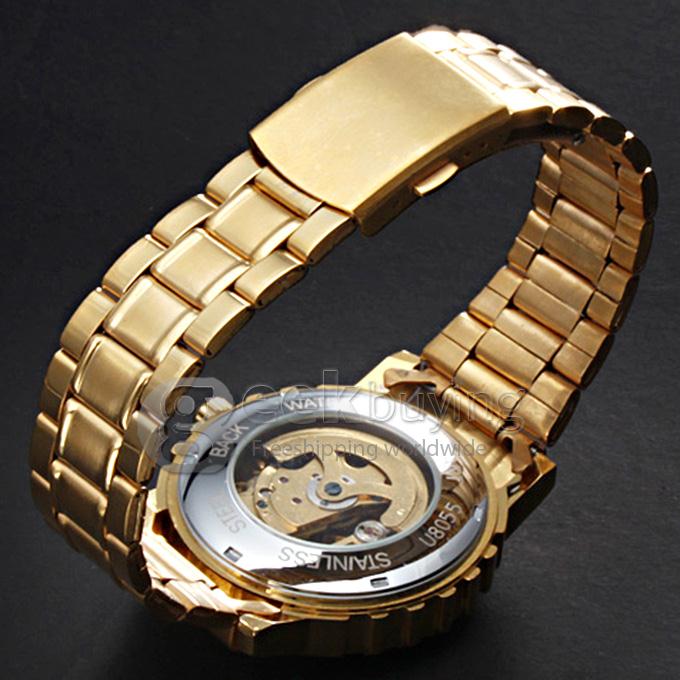 Makibes Men's Auto-Mechanical Hollow Dragon Dial Gold Alloy Band Wrist Watch
