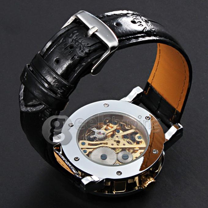 Makibes Men's Semi-Mechanical Hollow Engraving Gold Dial Black PU Band Analog Wrist Watch
