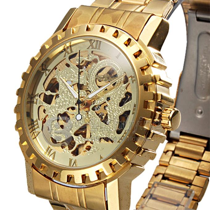 Makibes Men's Auto-Mechanical Hollow Dragon Dial Gold Alloy Band Wrist Watch