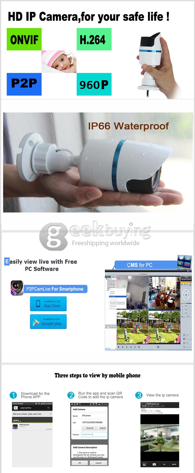 Outdoor IPCC B10L H.264 P2P 1.3MP ONVIF Waterproof Network IP Cloud Camera with IR-Cut Night Vision and Motion Detection