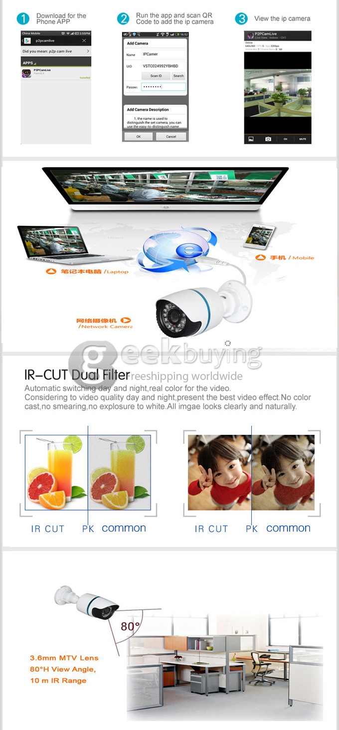 Outdoor IPCC-B10 H.264 P2P 720P 1.0MP ONVIF Network Waterproof IP Cloud Camera with IR-Cut Night Vision and Motion Detection 