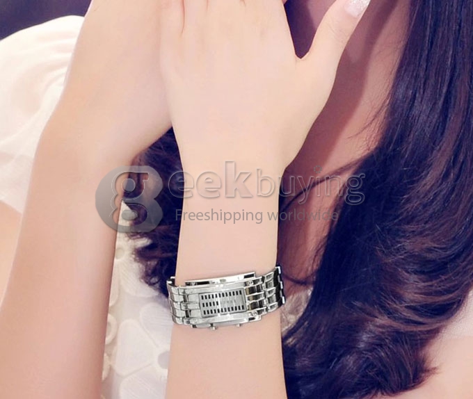 Fashionable Men's LED Digital Wrist Watch with Stainless Steel Strap - Silver