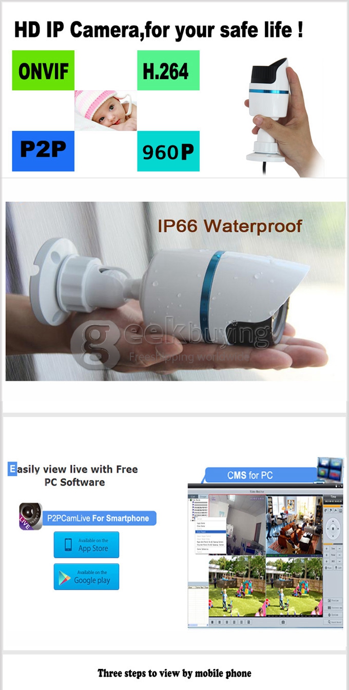 Outdoor IPCC-B10 H.264 P2P 720P 1.0MP ONVIF Network Waterproof IP Cloud Camera with IR-Cut Night Vision and Motion Detection 