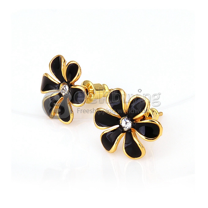 Fashion Women Jewelry Flower-shaped Earrings with Rhinestones Decor - Golden + Black