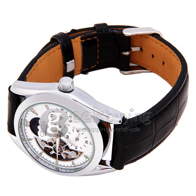 Makibes CJIABA GX505 Black Leather Srtap Mechanical Analog Wrist Watch Timepiece for Men - White