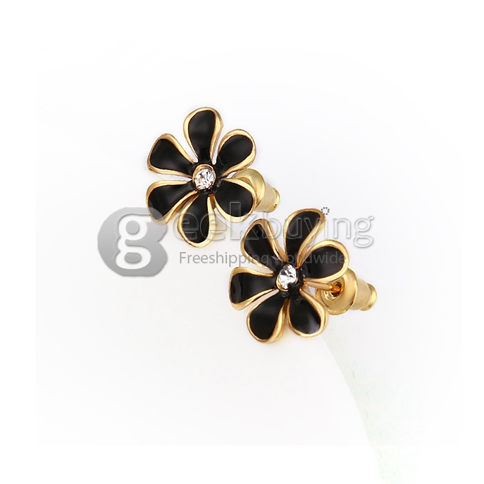 Fashion Women Jewelry Flower-shaped Earrings with Rhinestones Decor - Golden + Black