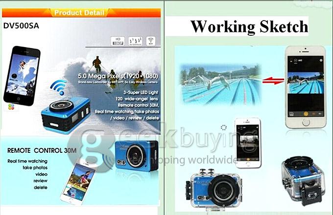 F39 WiFi 5.0 MP CMOS 1080P Full HD 120 Degrees Wide Lens Outdoor Waterproof Sports DV Camera - White