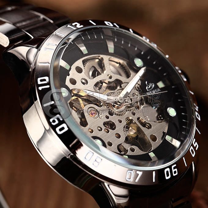 Men's Mechanical Gray Dial Black Alloy Band Analog Wrist Watch