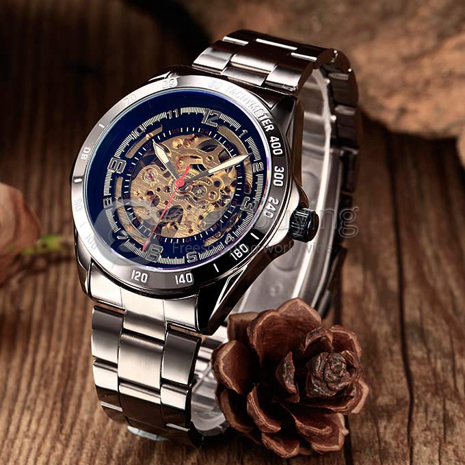 Men's Auto Mechanical Gold Dial Black Steel Band Analog Wrist Watch