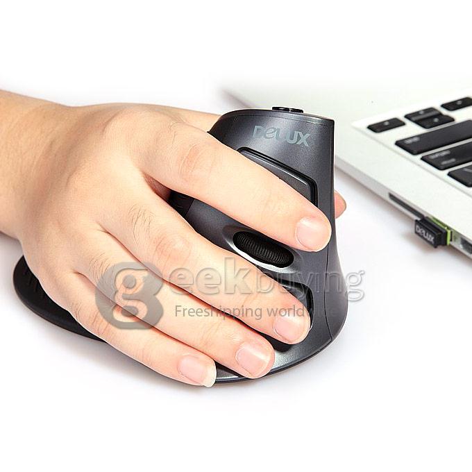 DELUX M618GX Healthy Volute Design ANTI-Fatigue 2.4GHz Wireless 1600DPI Vertical Laser Mouse - Grey Black (2 x AAA)