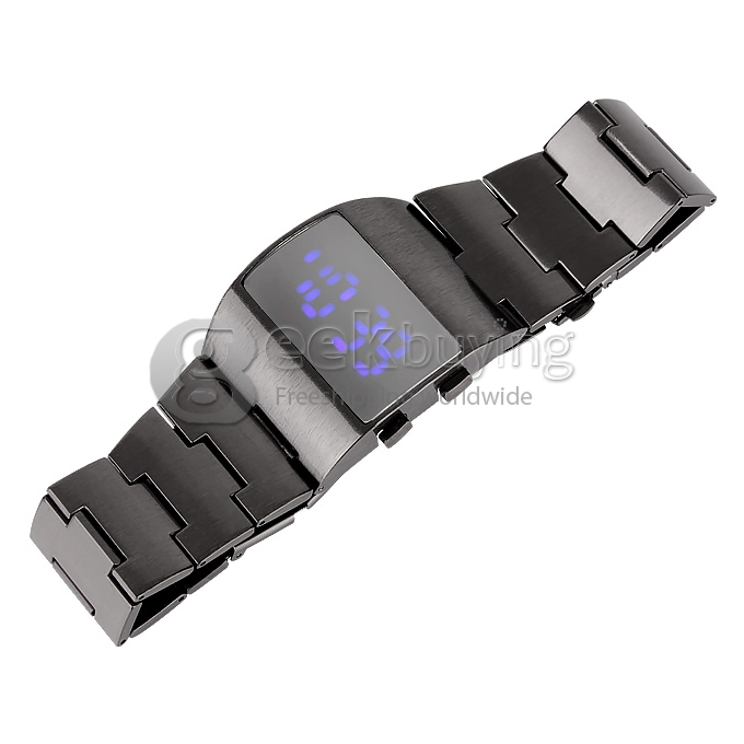 Unisex Stainless Steel Digital LED Wrist Watch Timepiece with Blue Light - Black