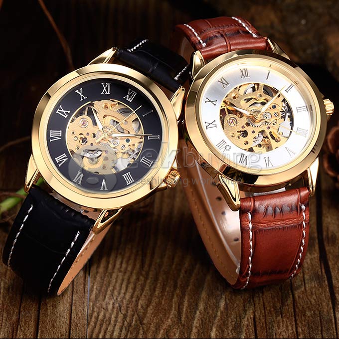 Men's PU Band Analog Mechanical Wrist Watch with Gold Dial - Brown 