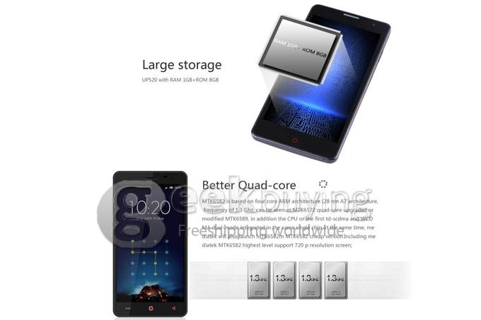 UHAPPY UP520 MTK6582 Quad Core 1.3GHz 5.0Inch Android 4.4.2 Smartphone 1GB RAM 8GB ROM IPS QHD Screen 8.0MP 3G GPS - White
